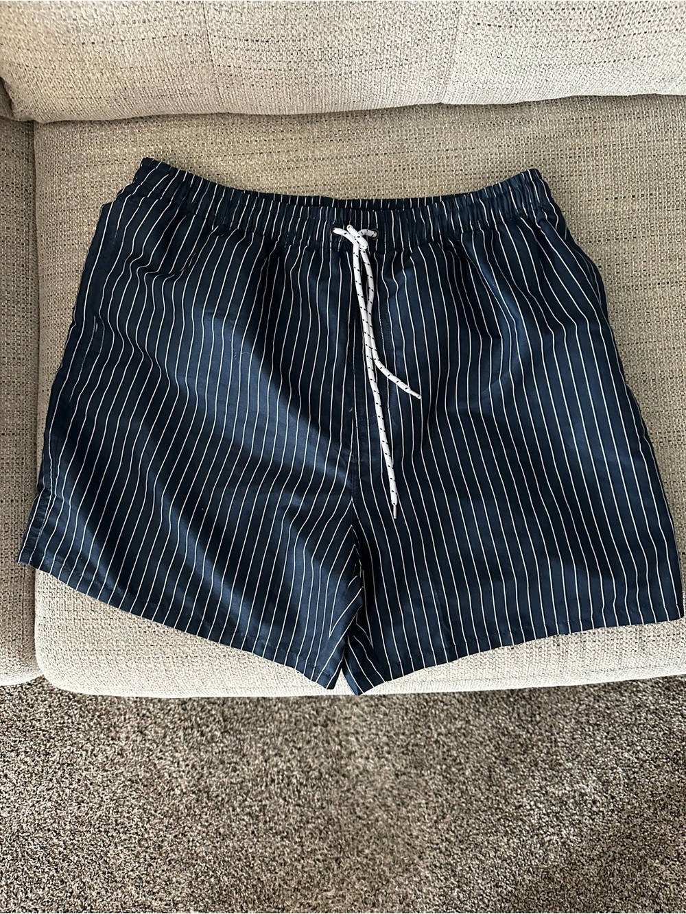 Men's Navy Pinstripe Swim Shorts with Drawstring